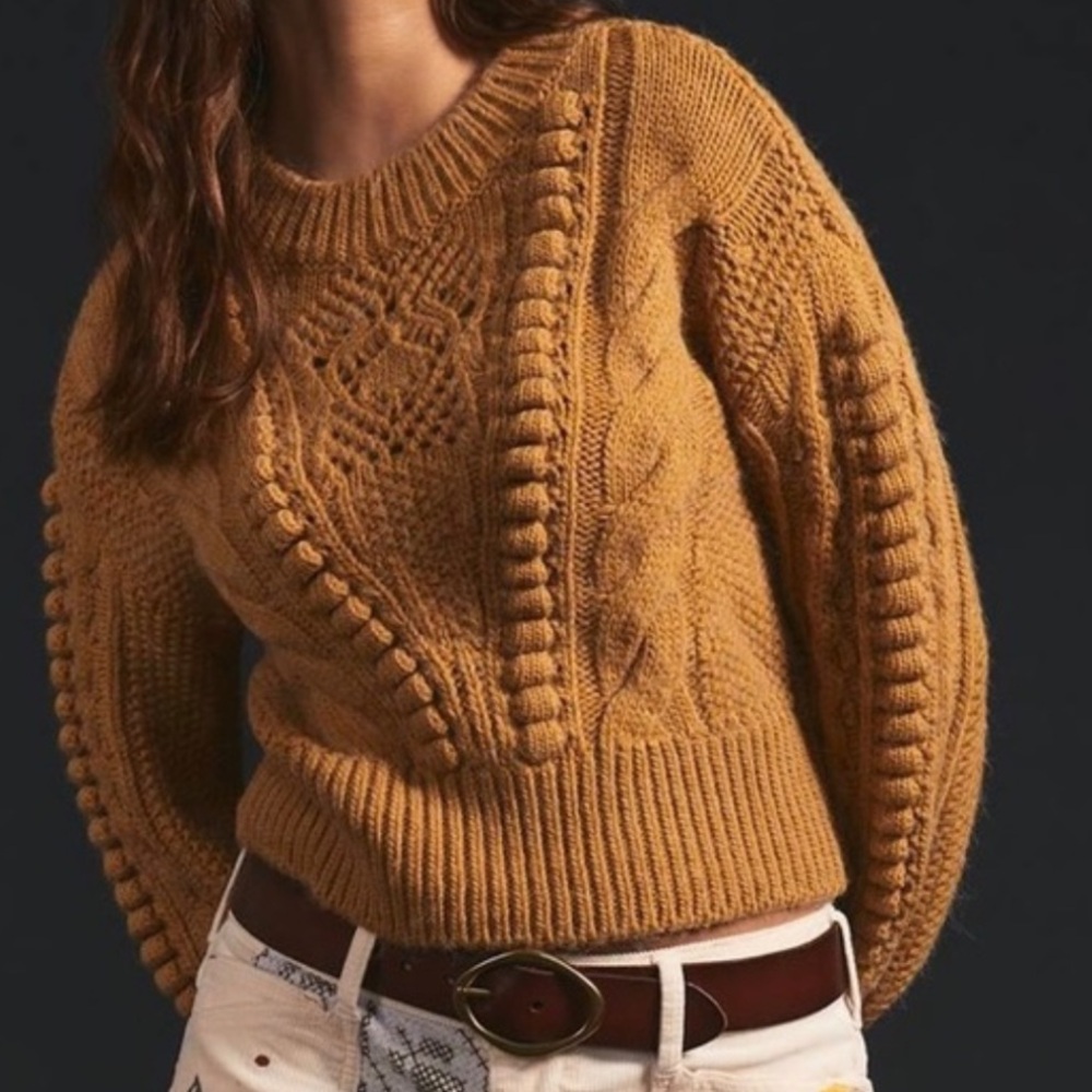 Anthropologie Mustard Chunky Cable Knit Crop Sweater L